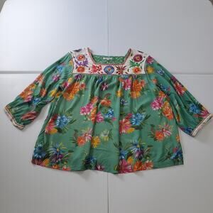 John Mark Tunic Blouse Womens 2X Green Floral Embroidered Boho Top 3/4 Sleeve